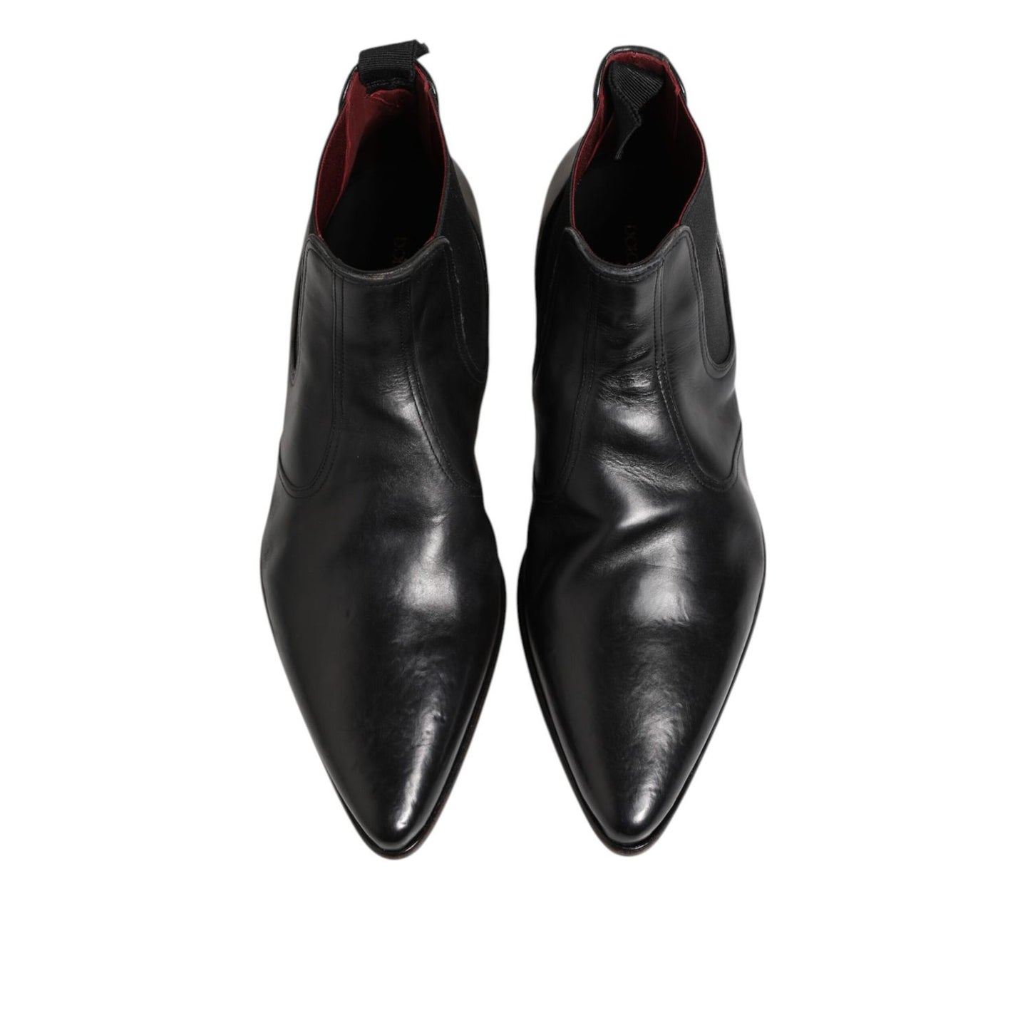 Dolce & Gabbana Black Chelsea Slip On Men Ankle Boots Shoes made of calf leather with stretch bands and logo details, view from top.
