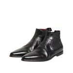 Dolce & Gabbana Black Chelsea Slip On Men Ankle Boots Shoes in calf leather with logo details and stretch bands, angled view.