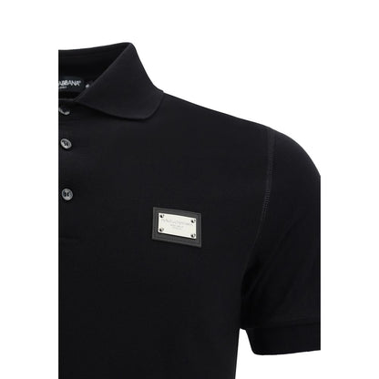 Dolce & Gabbana Black Cotton Polo Shirt with ribbed collar, engraved metal plaque, and tone-on-tone buttons. Made in Italy - AW25 Edition.