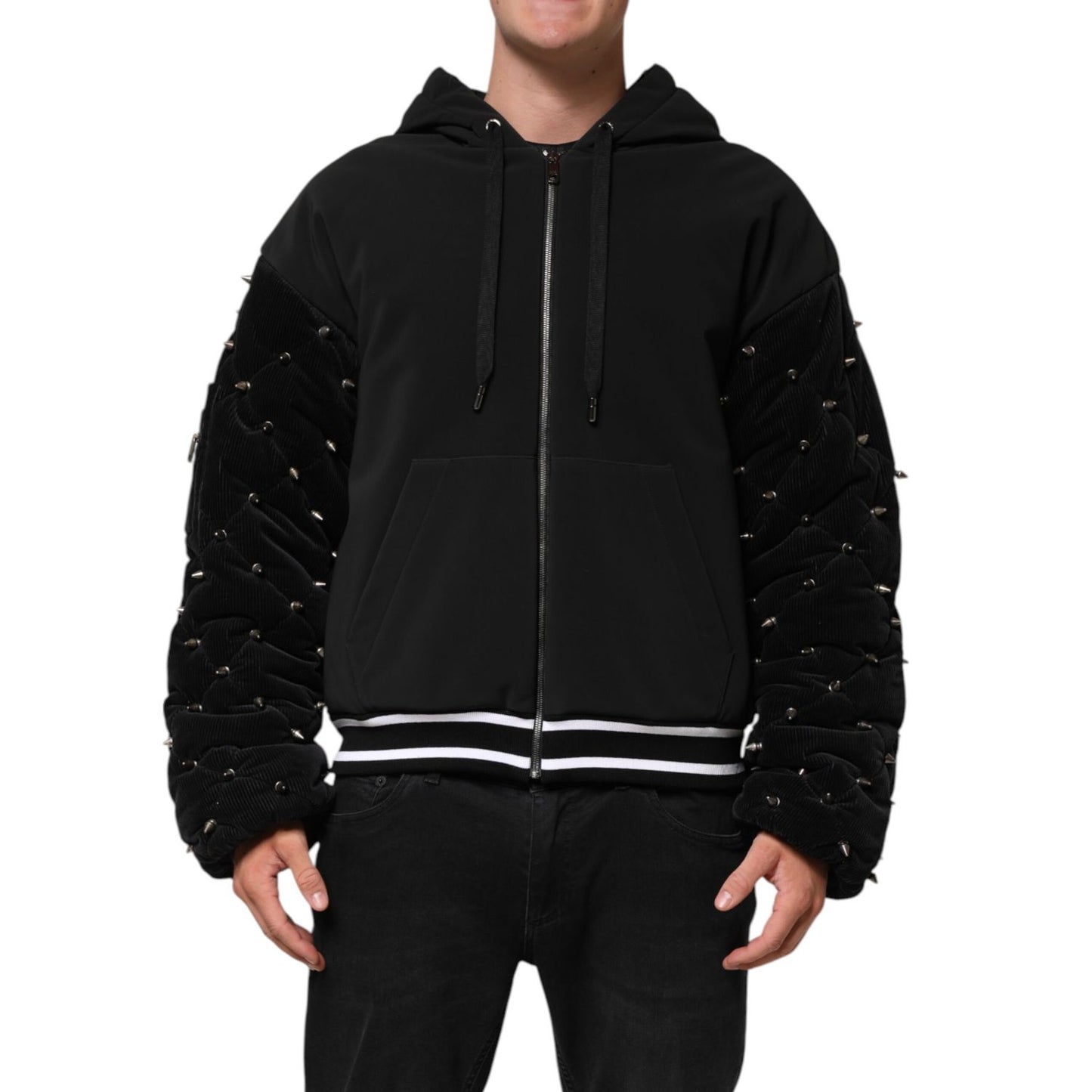 Dolce & Gabbana Black Cotton Quilted Studded Sleeve Hoodie Jacket with zipper closure and bold metallic stud embellishments