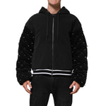 Dolce & Gabbana Black Cotton Quilted Studded Sleeve Hoodie Jacket with zipper closure and bold metallic stud embellishments