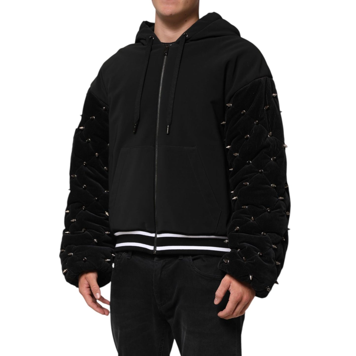 Dolce & Gabbana Black Cotton Quilted Studded Sleeve Hoodie Jacket with zip-up closure.