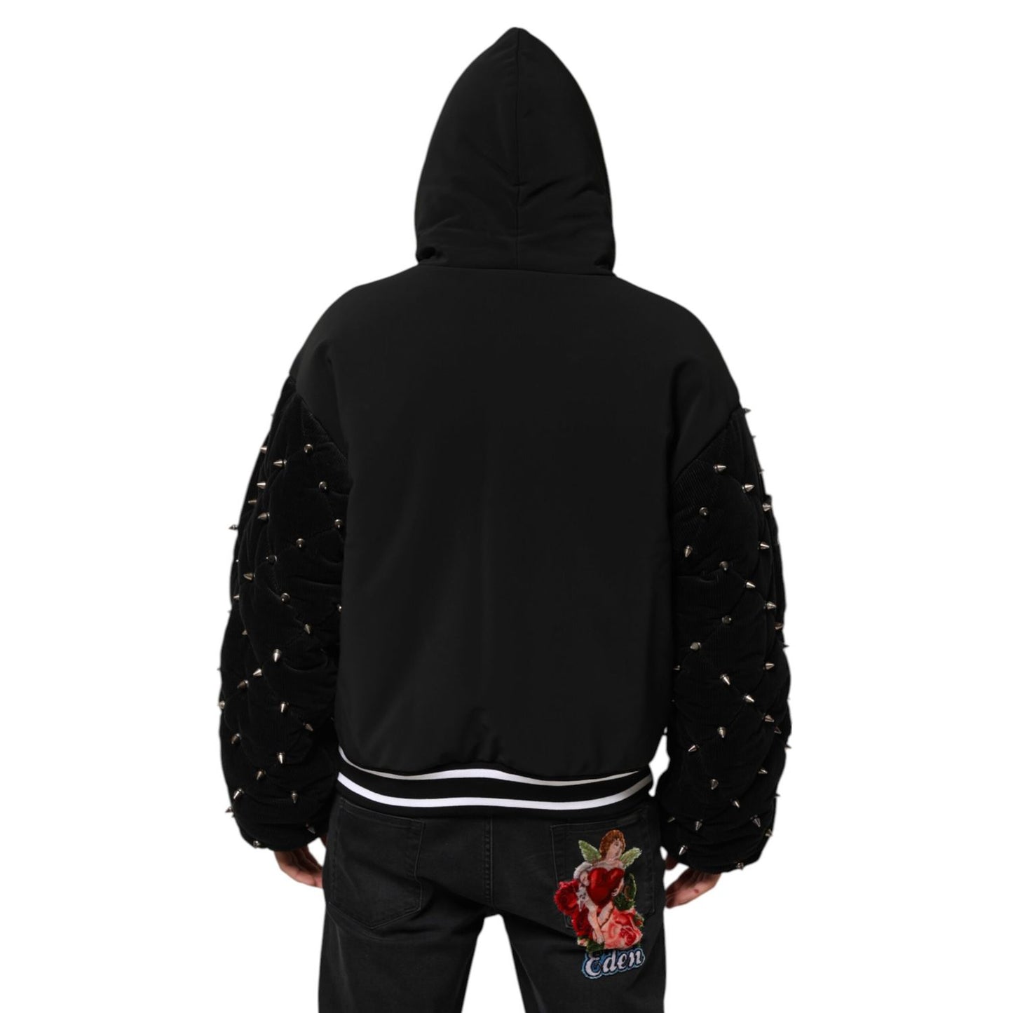 Dolce & Gabbana Black Cotton Quilted Studded Sleeve Hoodie Jacket, rear view, featuring intricate studded corduroy sleeves.