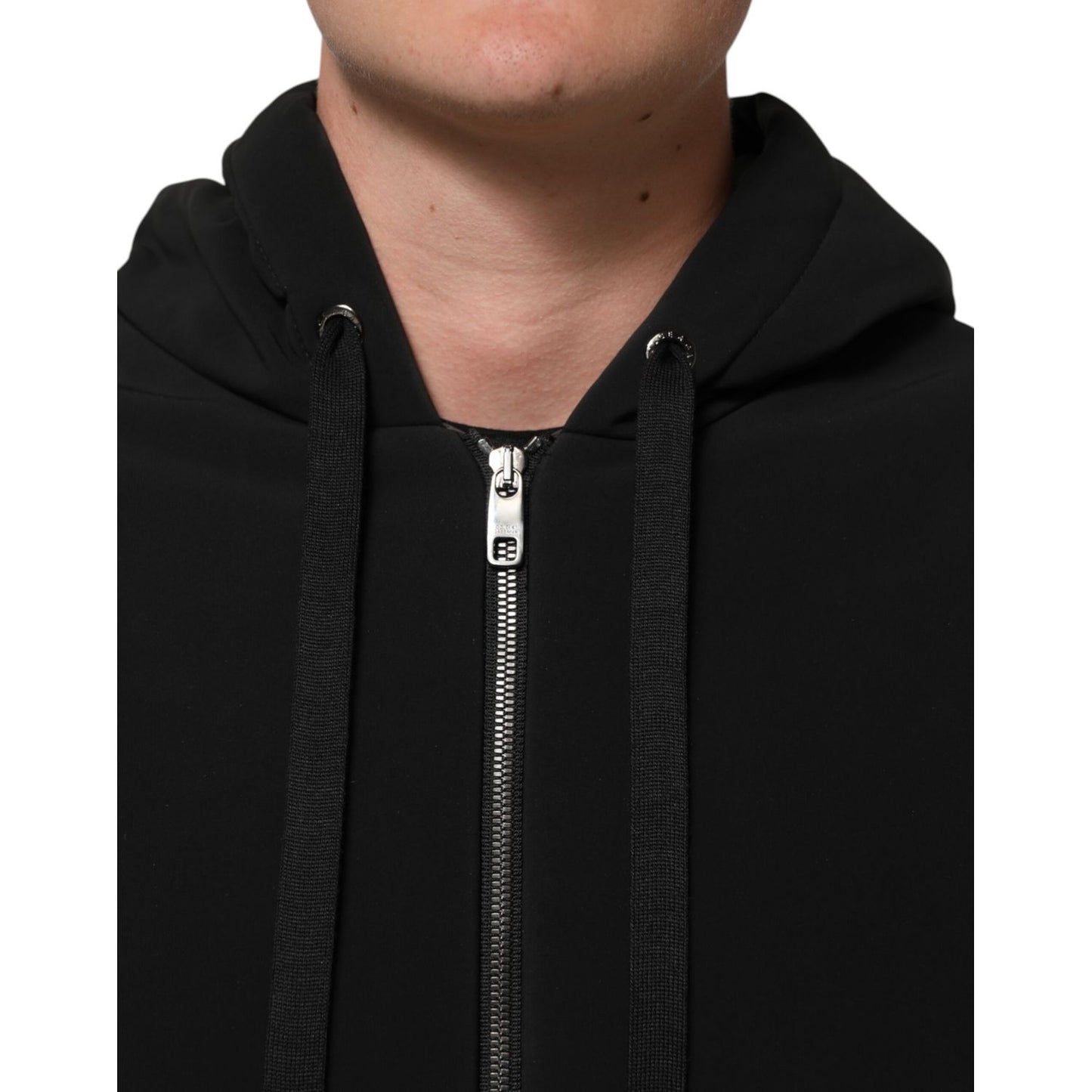 Dolce & Gabbana Black Cotton Quilted Studded Sleeve Hoodie Jacket with zipper closure close-up.
