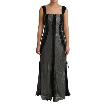 Dolce & Gabbana Black Crystals Lace Up Runway Gown Dress, elegant black and grey with crystal embellishments, front view.