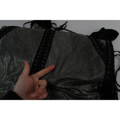 Dolce & Gabbana Black Crystals Lace Up Runway Gown Dress details with black lace-up design and crystal embellishments.