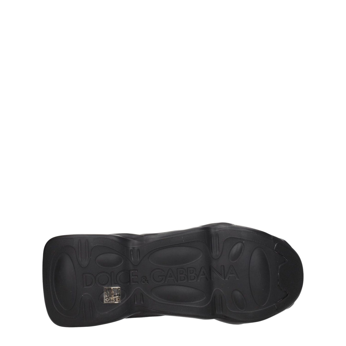 Bottom sole view of Dolce & Gabbana Black Fabric Chunky Sneakers featuring brand logo and rubber material.