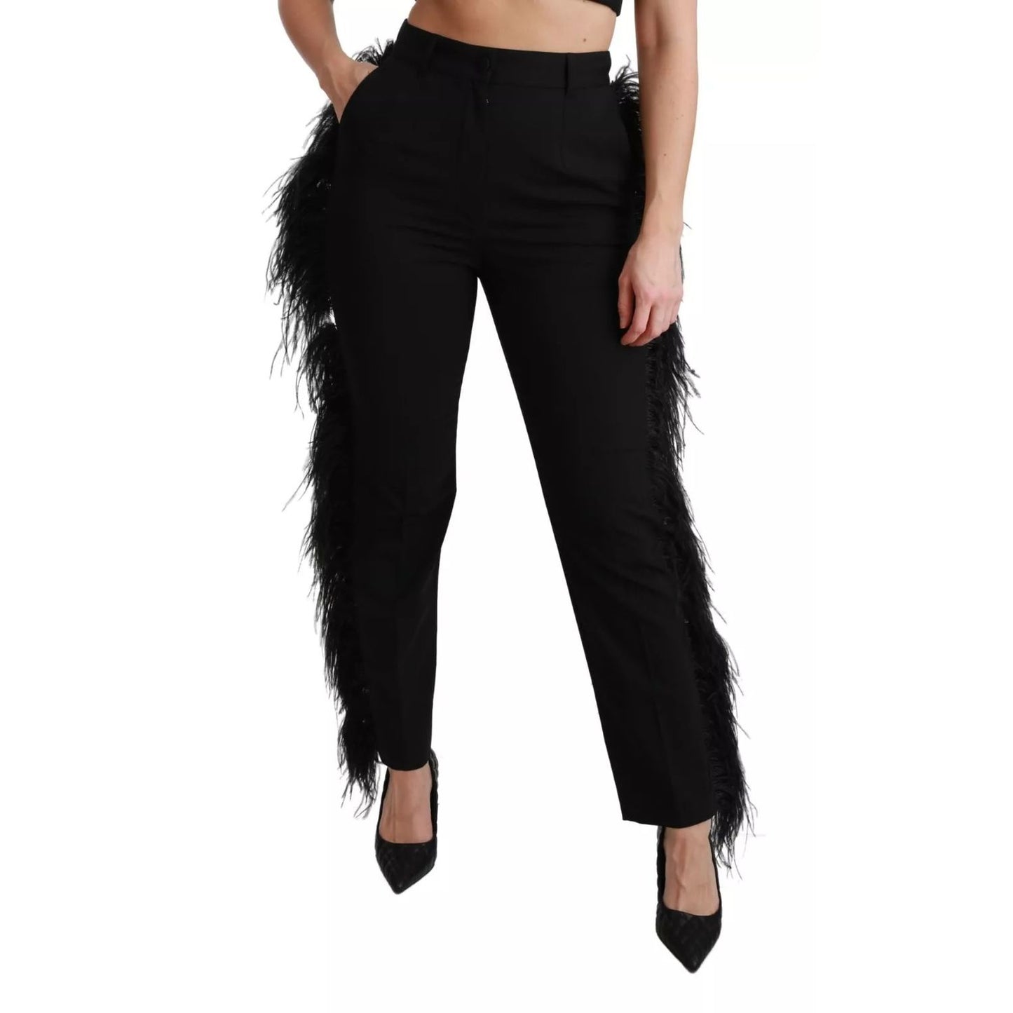 Dolce & Gabbana Black Feather Straight High Waist Pants front view featuring feather details and high waist design.