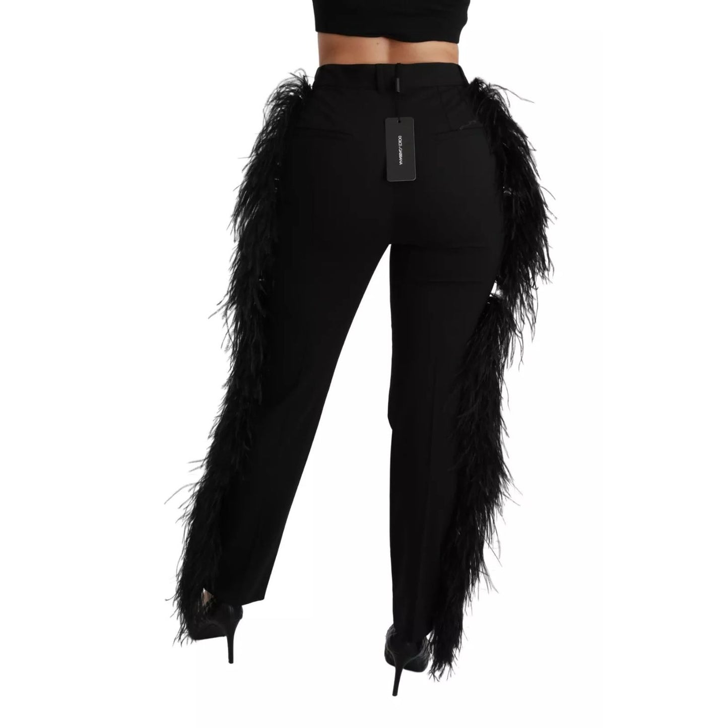 Dolce & Gabbana Black Feather Straight High Waist Pants with zipper and button closure, made in Italy, wool-elastane blend.