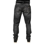 Back view of Dolce & Gabbana Black Gray Wash Slim Fit Straight Leg Denim Jeans on model, showcasing five-pocket style and whiskering effect.
