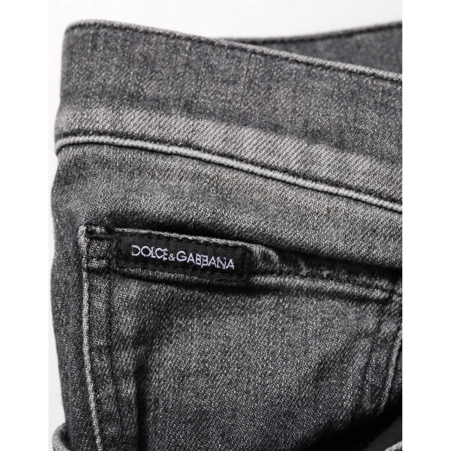 Dolce & Gabbana Black Gray Wash Slim Fit Straight Leg Denim Jeans showcasing label detail.