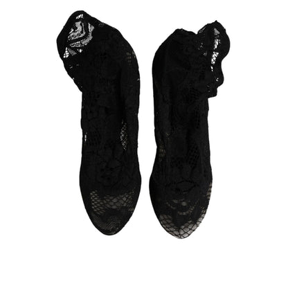 Dolce & Gabbana Black Lace Stretch Heels Mid Calf Boots Shoes