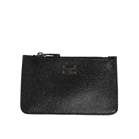 Dolce & Gabbana Black Leather Chain Link Mens Coin Purse Key Clip Holder Wallet with zipper and logo details.