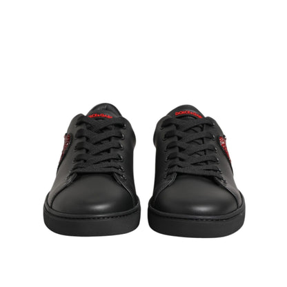 Dolce & Gabbana Black Leather Crystal Heart Low Top Sneakers Shoes