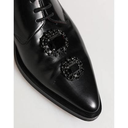 Dolce & Gabbana Black Leather Jeweled Crystals Derby Shoes