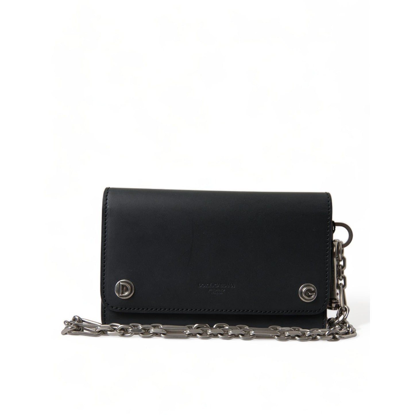 Dolce & Gabbana Black Leather Logo Embossed Mini Bifold Wallet Borse Bag with chain for men