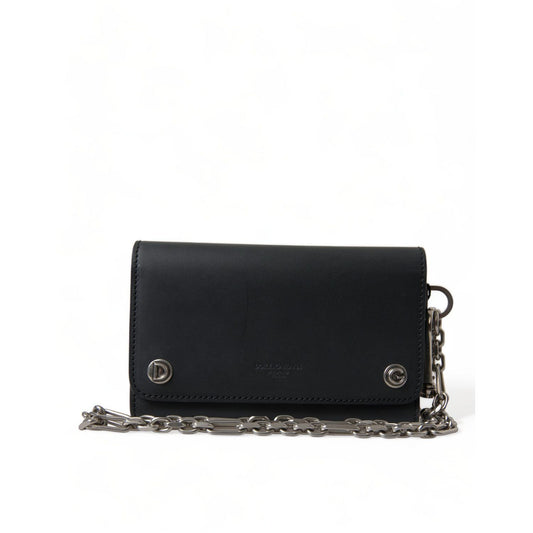 Dolce & Gabbana Black Leather Logo Embossed Mini Bifold Wallet Borse Bag with chain and subtle embossed logo