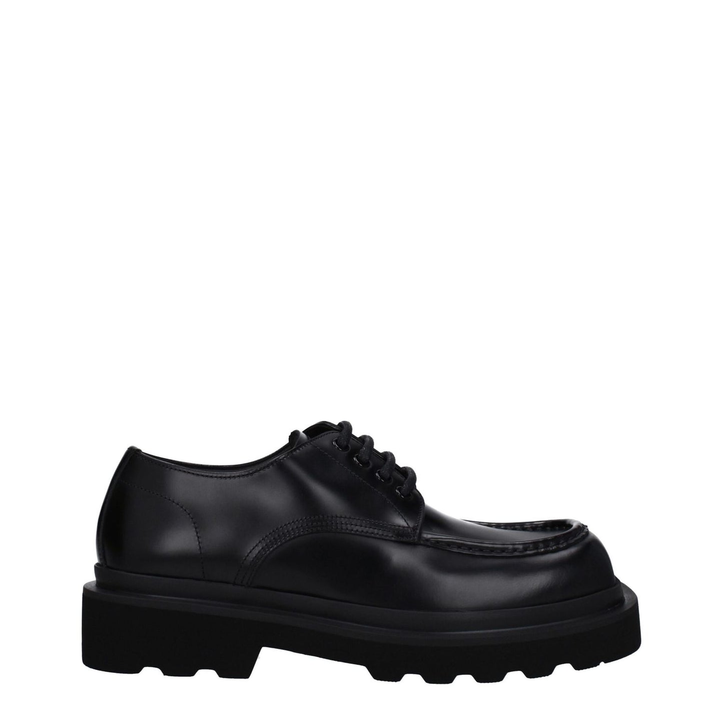 Dolce & Gabbana Black Leather Oxfords And Derbies, casual lace up shoes with round toe and rubber sole, mid heel, elegant design.