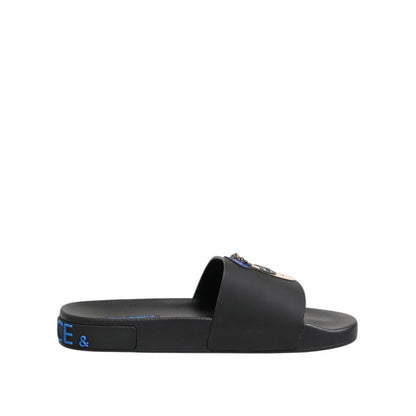 Dolce & Gabbana Black Leather Slides Flats Beachwear Shoes