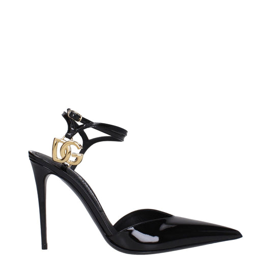 Dolce & Gabbana Black Leather Stiletto Heel Sandals with gold logo buckle and patent leather finish, pointy toe, 10.5 cm high heel.