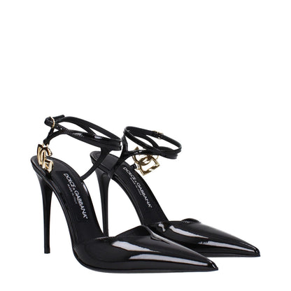 Dolce & Gabbana Black Leather Stiletto Heel Sandals with pointy toe, buckle closure, and gold side logo detail