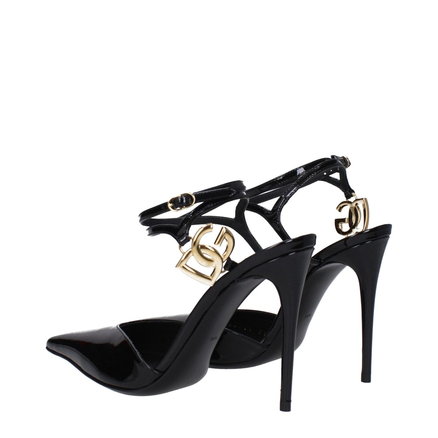 Dolce & Gabbana Black Leather Stiletto Heel Sandals with gold logo, pointy toe, buckle closure, and 10.5 cm high heel.