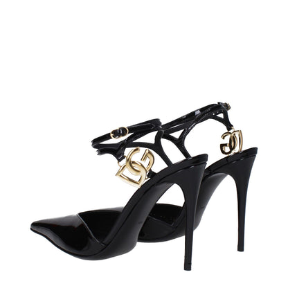 Dolce & Gabbana Black Leather Stiletto Heel Sandals with gold logo, pointy toe, buckle closure, and 10.5 cm high heel.