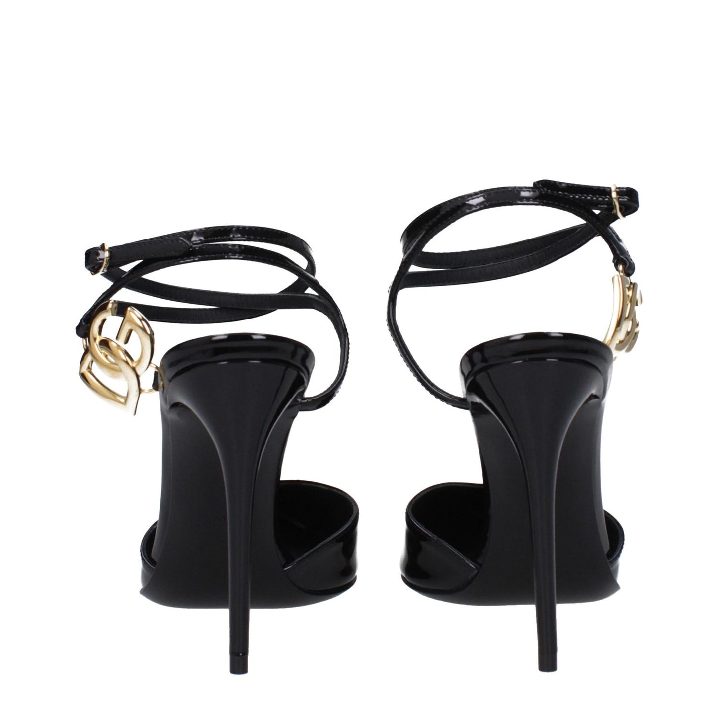 Dolce & Gabbana Black Leather Stiletto Heel Sandals with gold logo and buckle closure, stylish high heel design, rear view.