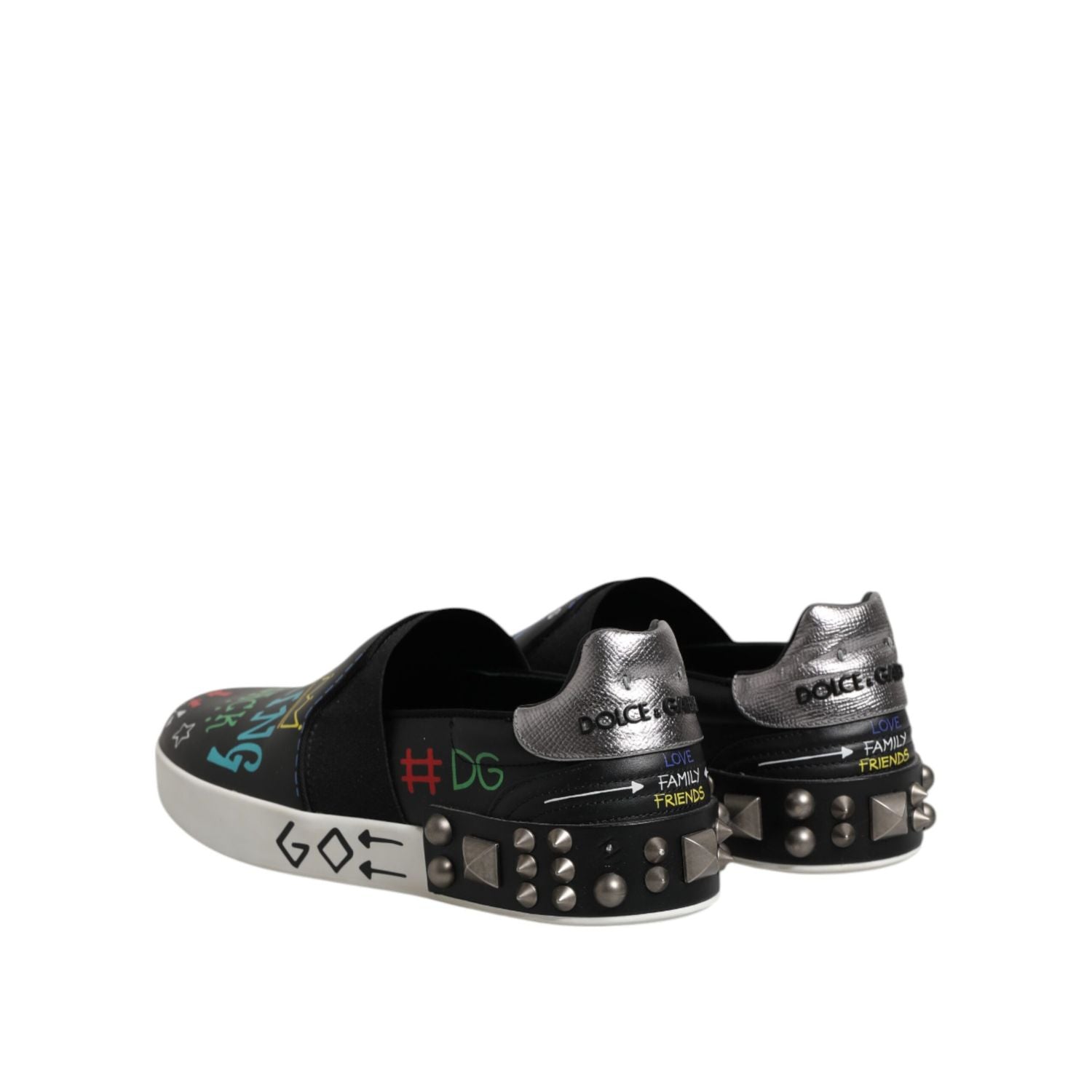 Dolce & Gabbana Black Leather Studded Graffiti Sneakers Shoes
