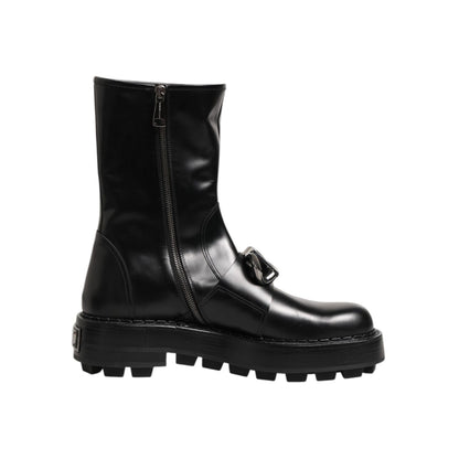 Dolce & Gabbana Black Logo Plaque Mid Calf Biker Boots Shoes