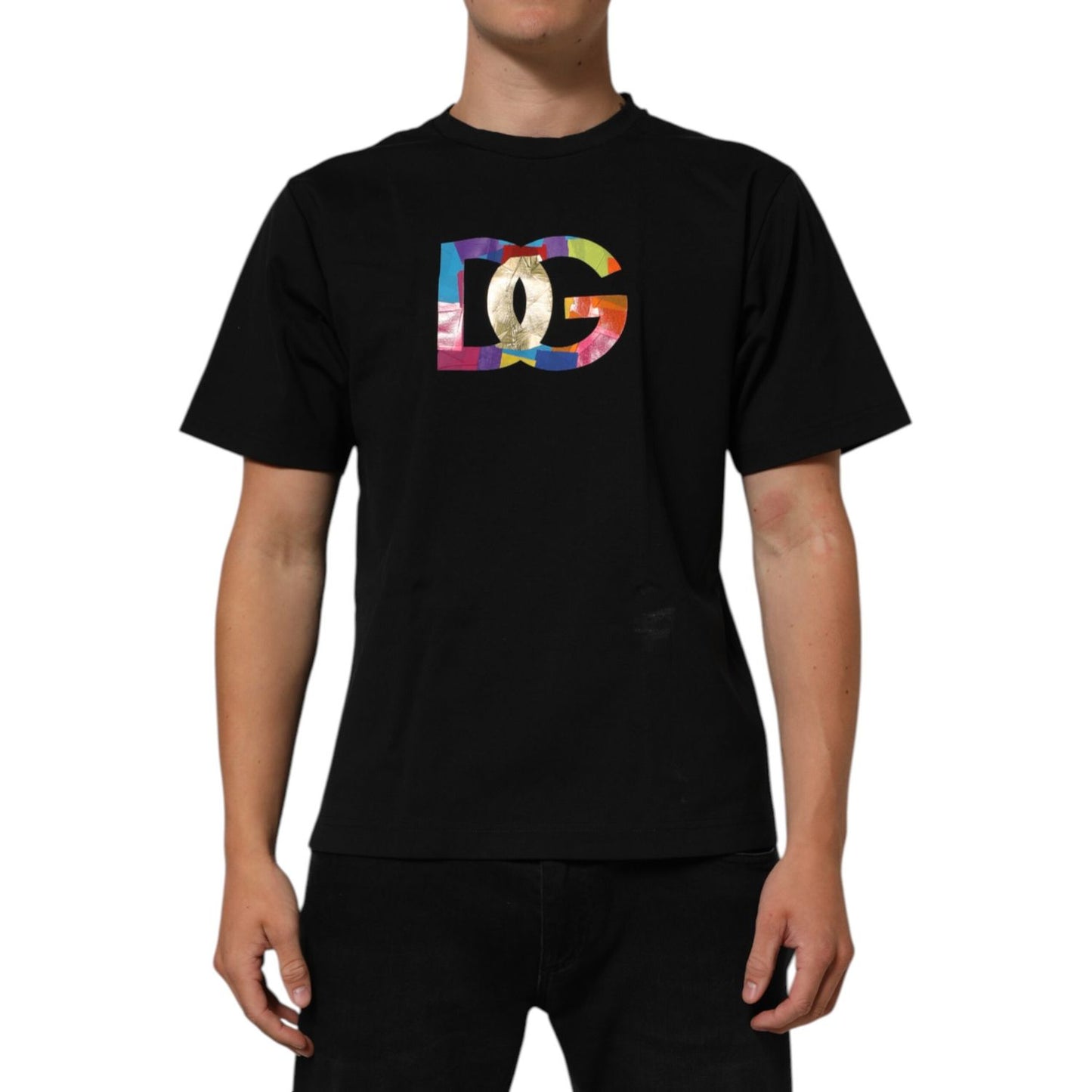 Dolce & Gabbana Black Logo Print Cotton Men Crew Neck T-shirt, short sleeve, iconic design, premium quality, regular fit.