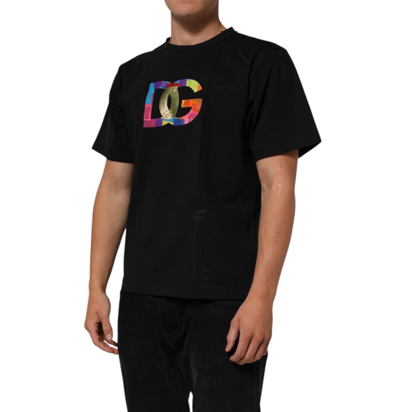 Dolce & Gabbana Black Logo Print Cotton Men Crew Neck T-shirt with colorful DG logo, classic style and premium cotton fabric.
