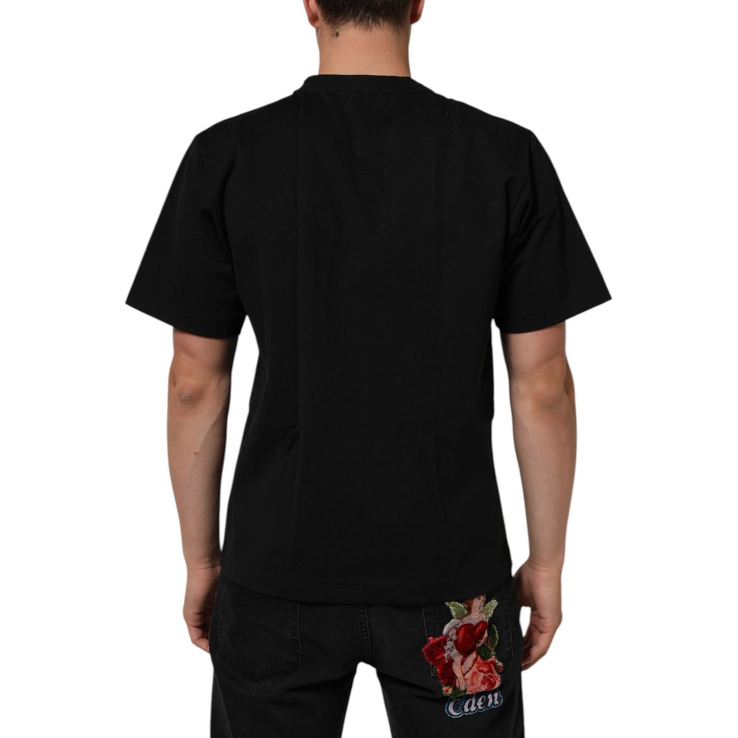 Back view of Dolce & Gabbana Black Logo Print Cotton Men Crew Neck T-shirt with short sleeves, showcasing comfort and style.