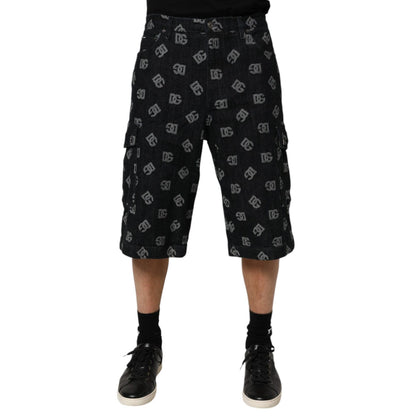 Dolce & Gabbana Black Monogram Denim Cargo Men Bermuda Short
