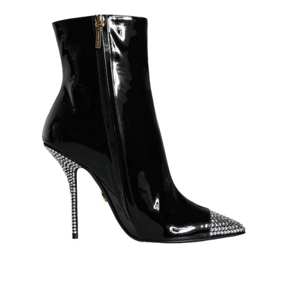 Dolce & Gabbana Black Patent Leather Crystal Heel Boots Shoes