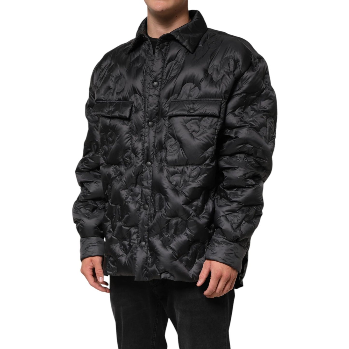 Dolce & Gabbana Black Quilted DG Logo Nylon Puffer Jacket with snap button closure and flap chest pockets. Oversized fit. Luxury Italian fashion.