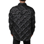 Back view of Dolce & Gabbana Black Quilted DG Logo Nylon Puffer Jacket showcasing rose-inspired embossing and oversized fit.