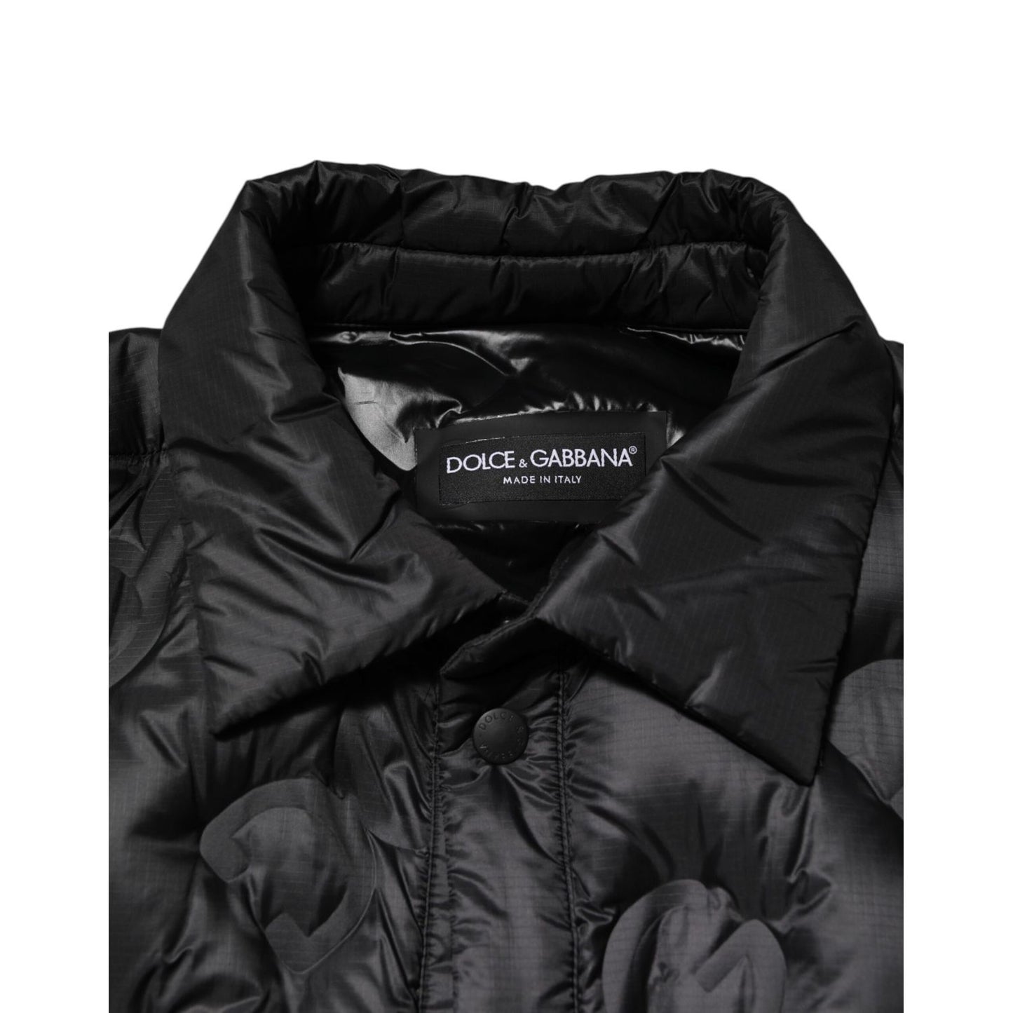 Dolce & Gabbana Black Quilted DG Logo Nylon Puffer Jacket with embossed pattern and snap button closure, collar view.