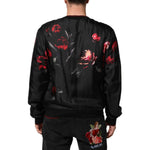 Back view of Dolce & Gabbana Black Red Floral Silk Bomber Blouson Jacket with elegant silk fabric and red floral print.