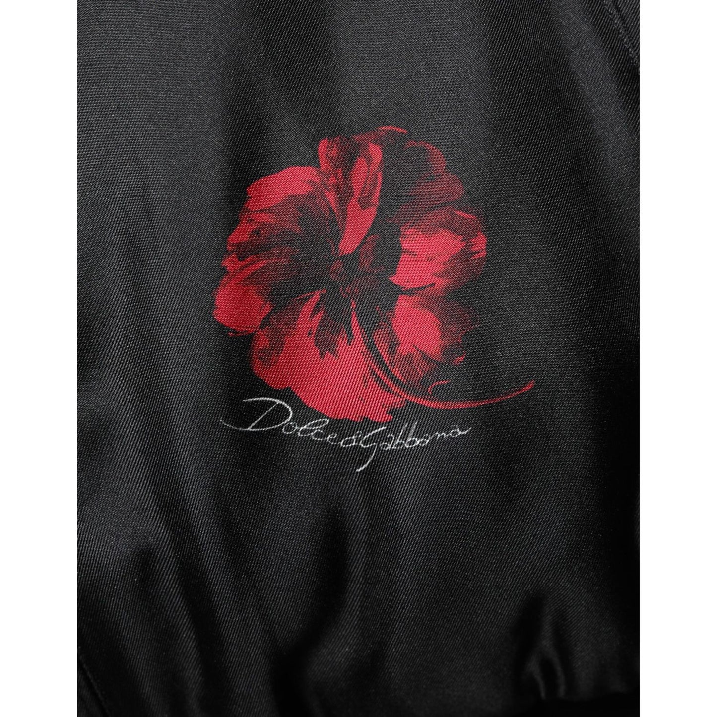 Dolce & Gabbana Black Red Floral Silk Bomber Blouson Jacket with red floral detail.