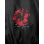 Dolce & Gabbana Black Red Floral Silk Bomber Blouson Jacket with red floral detail.