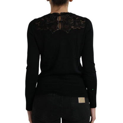 Dolce & Gabbana Black Silk Lace Trim Long Sleeves Blouse Top
