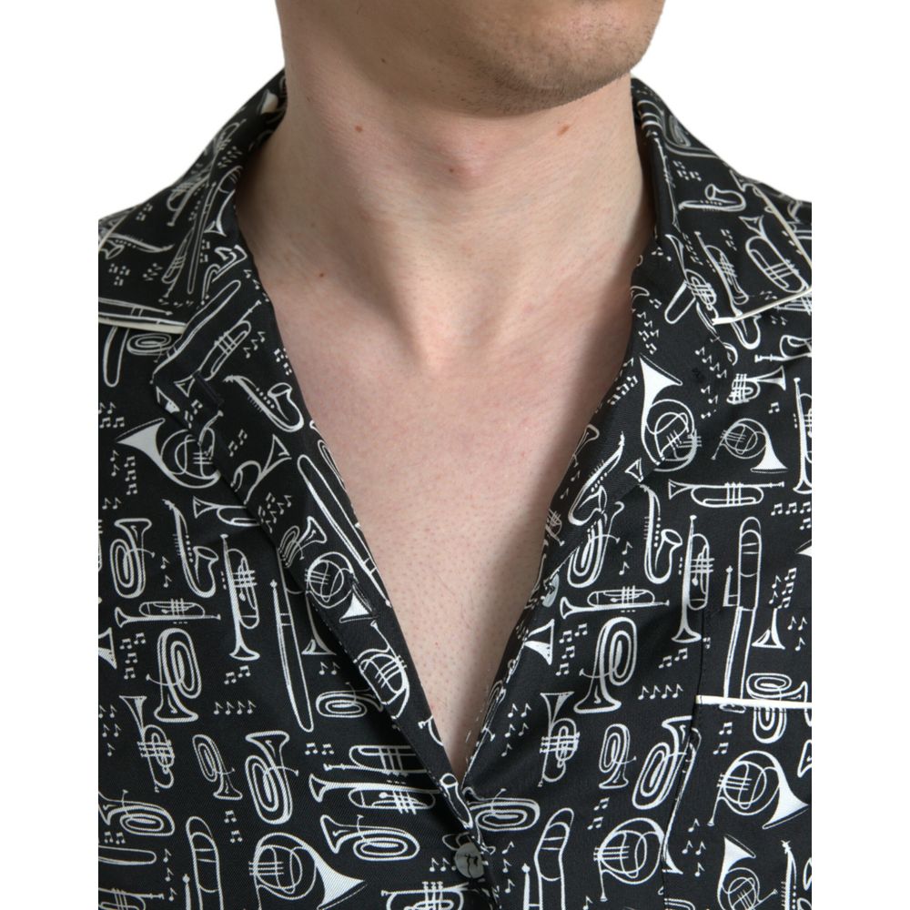 Dolce & Gabbana Black Silk Pattern Shirt with musical design, regular fit, elegant luxury fashion.