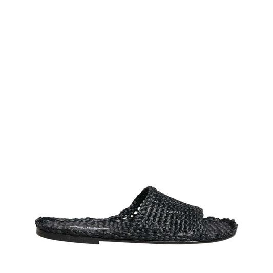 Dolce & Gabbana Black Straw Raffia Slides Sandals Flats Shoes