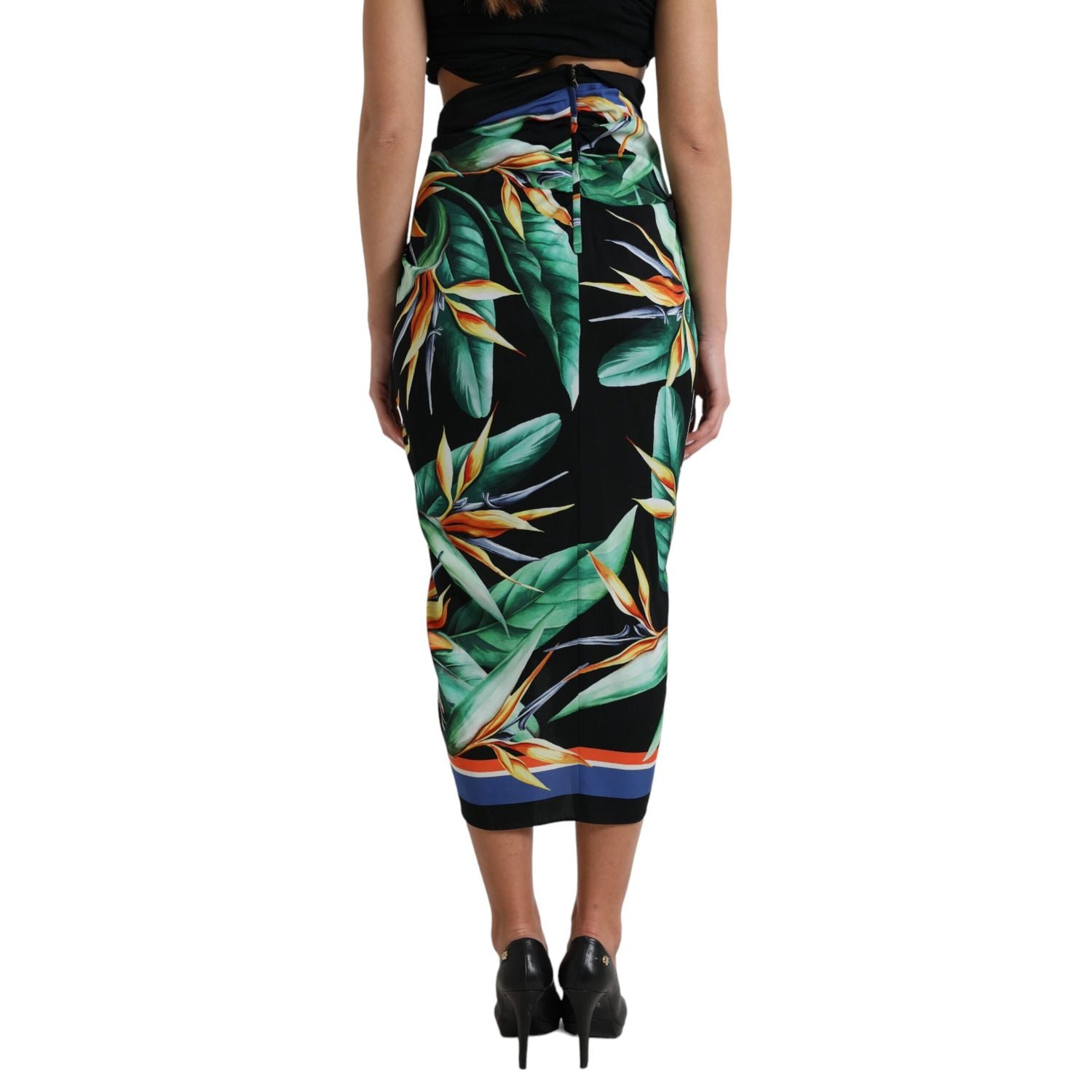 Dolce & Gabbana Black Strelitzia High Waist Wrap Midi Skirt