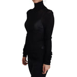 Dolce & Gabbana Black Turtleneck Slim Fit Pullover Sweater on female model, ribbed knitwear, zipper closure, logo detail.