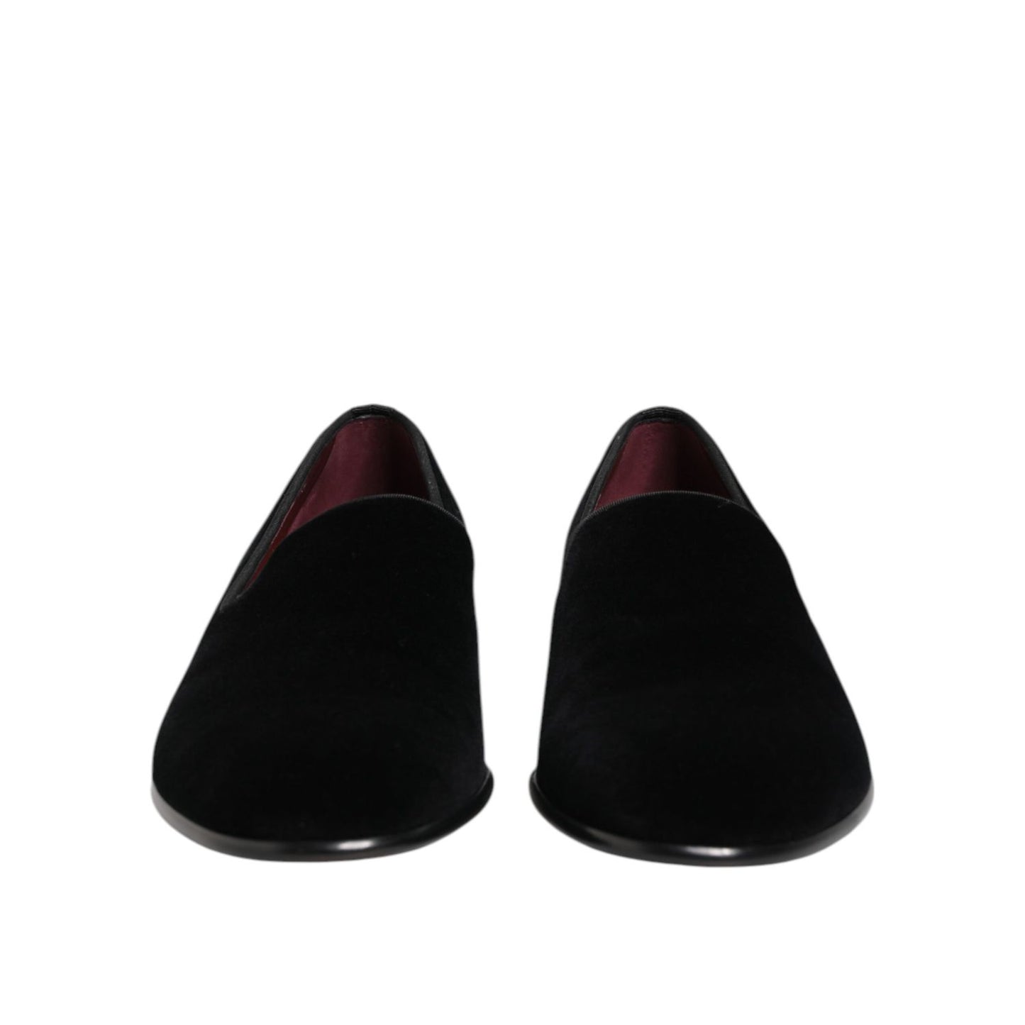 Dolce & Gabbana Black Velvet Slip On Men Loafers Formal Shoes, sleek black velvet design, front view, luxurious formal footwear for men.