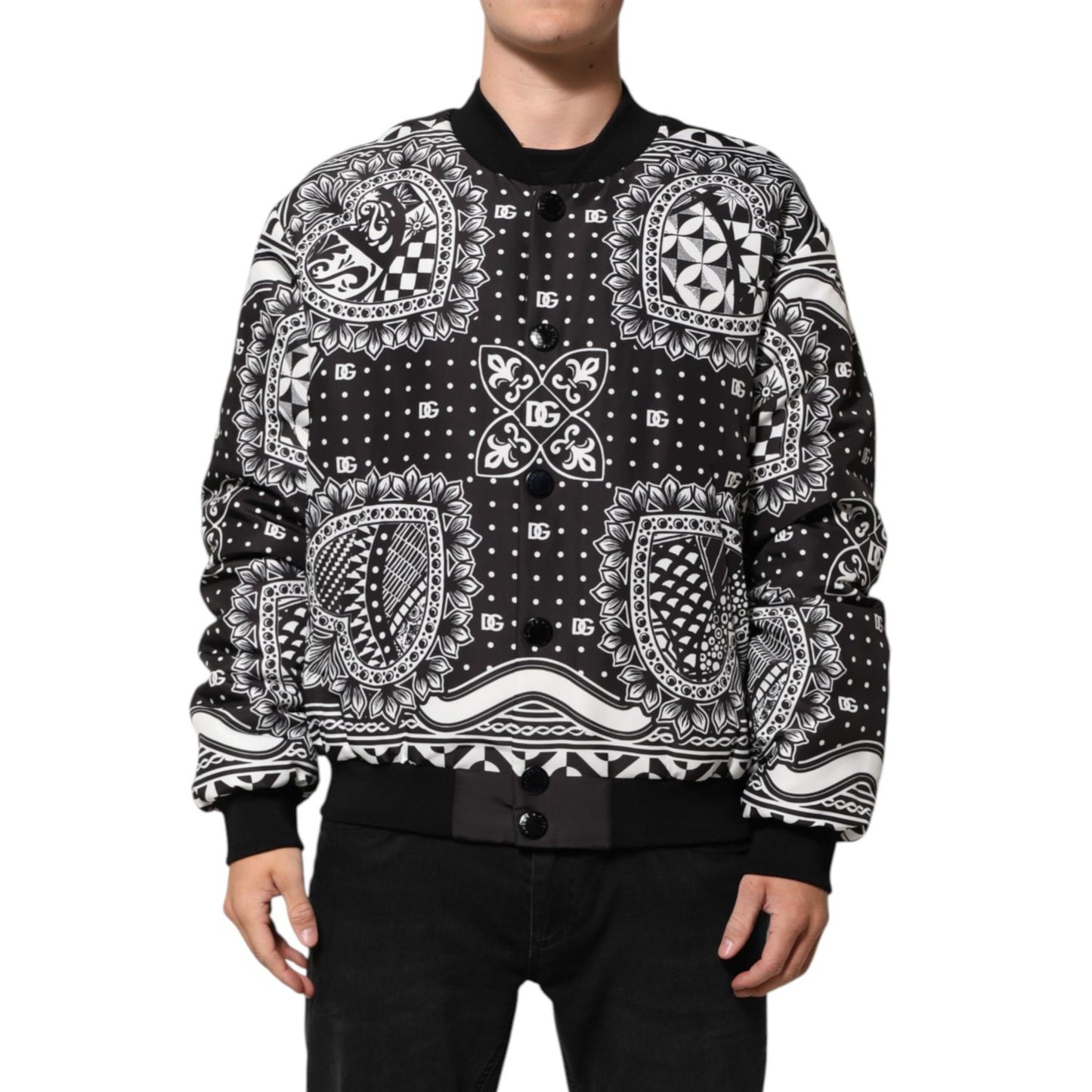 Dolce & Gabbana Black White Bandana Print Bomber Jacket with front button closure and ribbed cuffs.