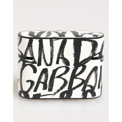 Dolce & Gabbana Black White Leather Monogram Print Logo Holder Airpods Case