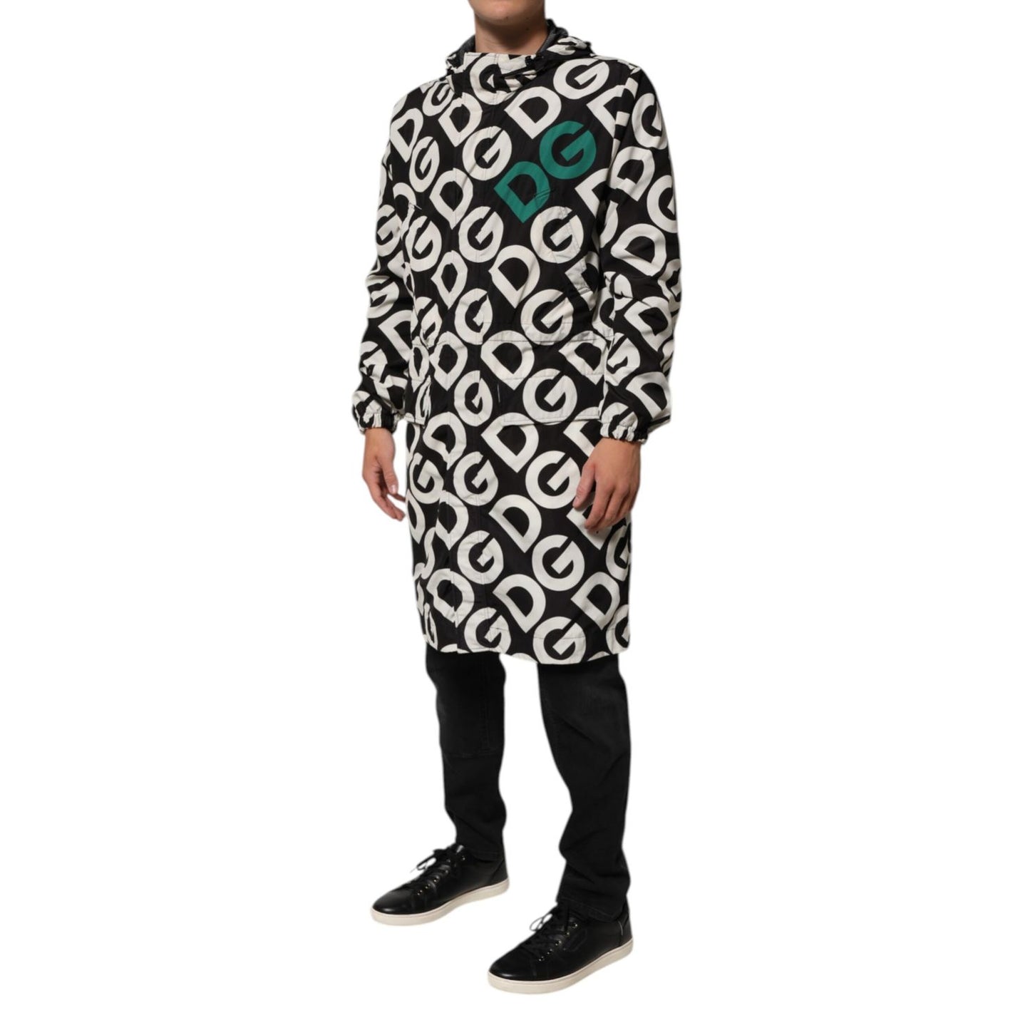 Dolce & Gabbana Black White Logo Print Hooded Coat Men Jacket